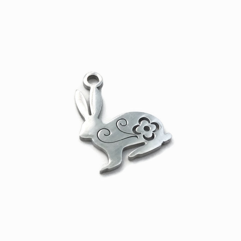 5 Stainless Steel Rabbit Charms with Floral Cut-Out Motif