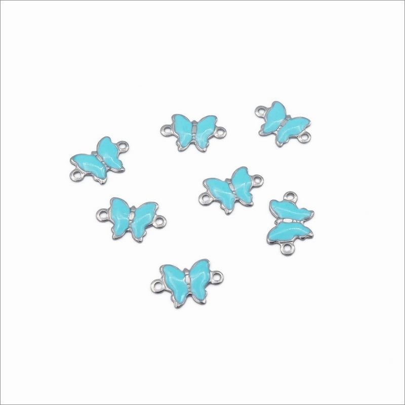 10 Small Stainless Steel & Blue Enamel Butterfly Connectors