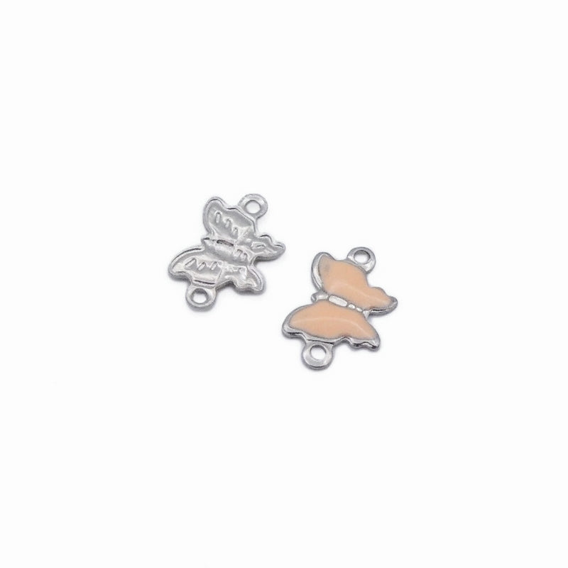 10 Small Stainless Steel & Peach Enamel Butterfly Connectors