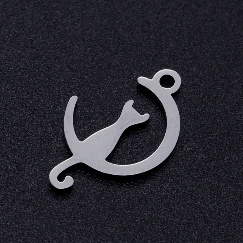 5 Small Stainless Steel Cat On Crescent Moon Charms