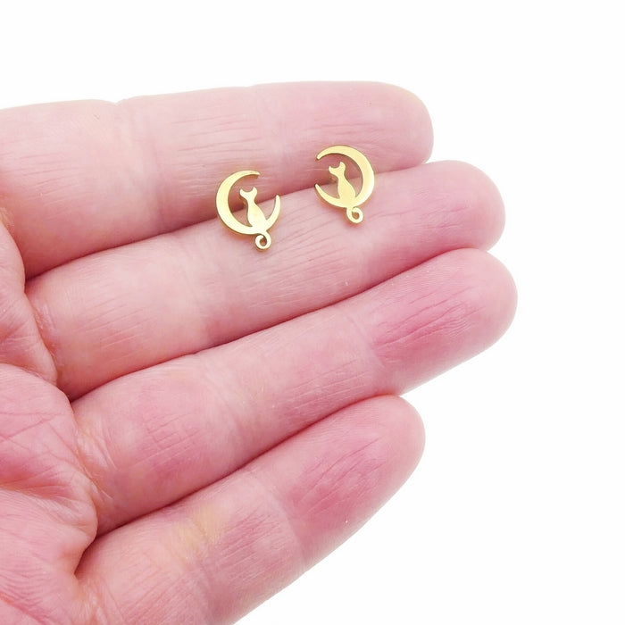 3 Pairs Gold Stainless Steel Cat on Crescent Moon Stud Earrings