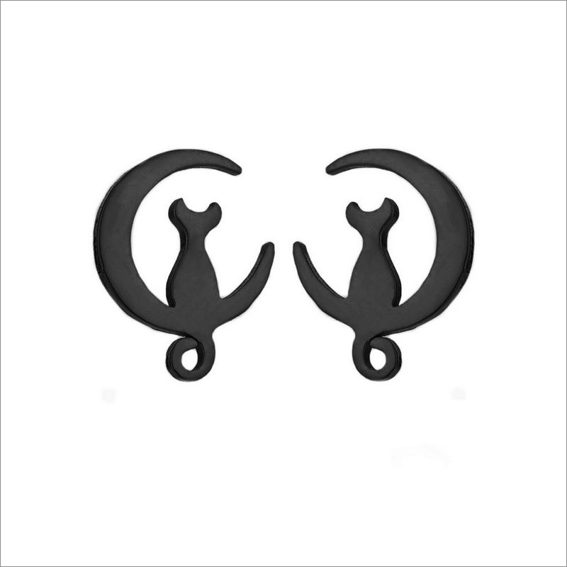 3 Pairs Black Stainless Steel Cat on Crescent Moon Stud Earrings
