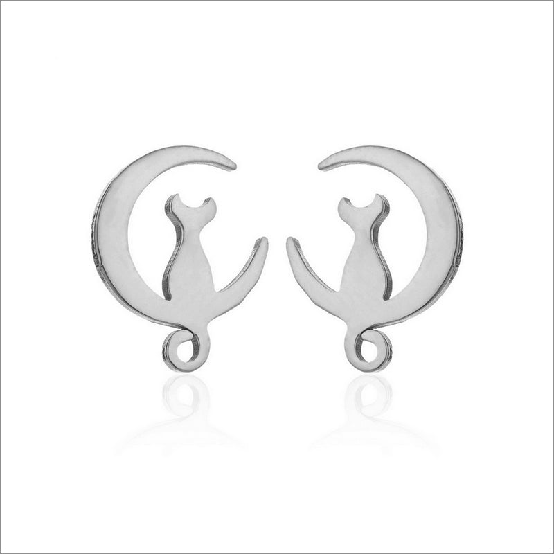 3 Pairs Stainless Steel Cat on Crescent Moon Stud Earrings