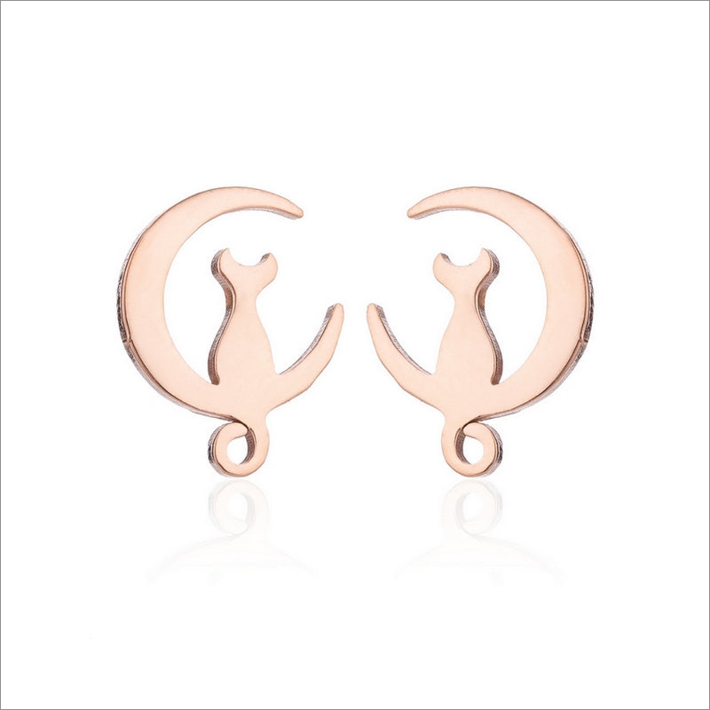 3 Pairs Rose Gold Stainless Steel Cat on Crescent Moon Stud Earrings