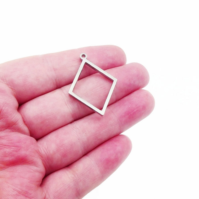 3 Polished Stainless Steel Diamond Shape Open Back Bezel Settings for Resin Pendants