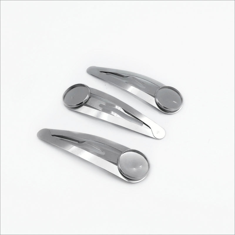 3 Stainless Steel Snap Hair Clips with 14mm Cabochon Setting