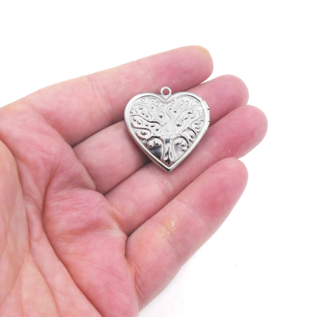 3 Stainless Steel Heart Locket Pendants with Tree of Life Design