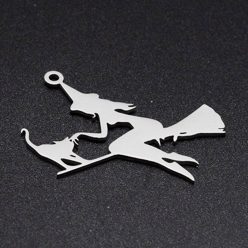 5 Stainless Steel Witch & Cat on Flyring Broom Pendants