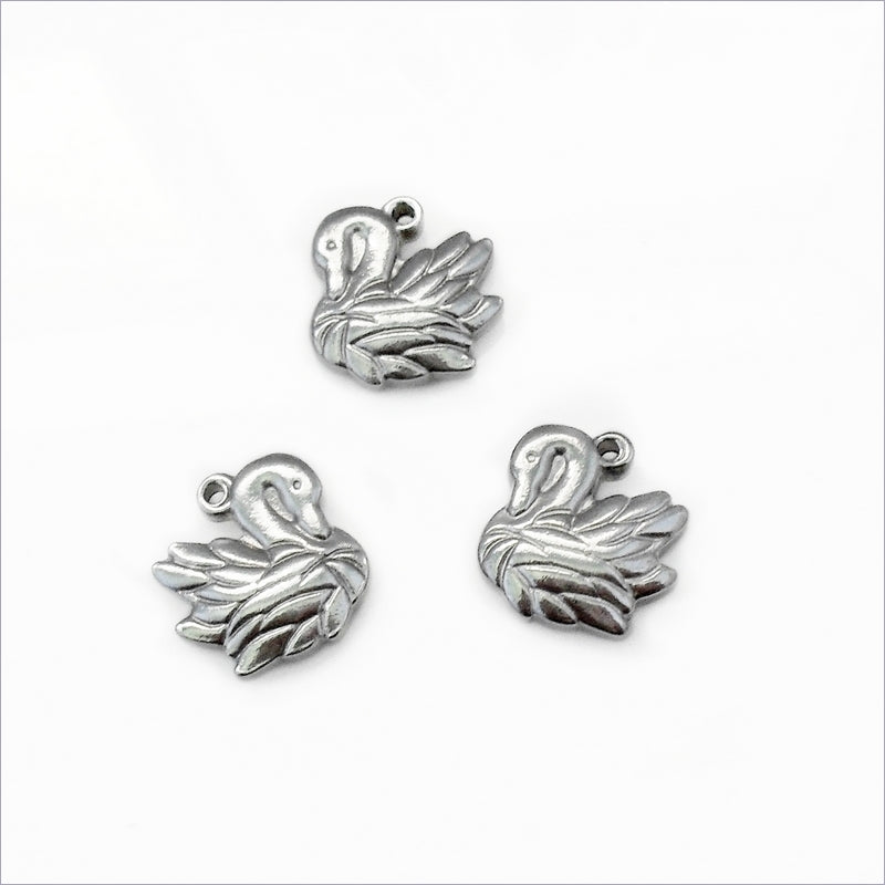 5 Small Solid Stainless Steel Swan Charms