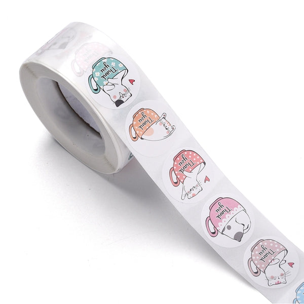 1 Roll 25mm Round Teacup Cat Thank You Stickers